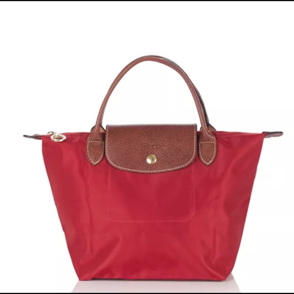 Longchamp red/tan Small Top Handle Nylon Handbag